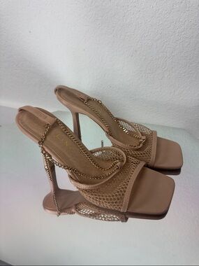 Billini Nude Mesh Slingback Heels with Gold Chain